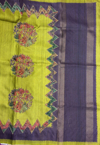 Semi Tussar Saree-Olive Green in Zigzag Tribal Pattern Border