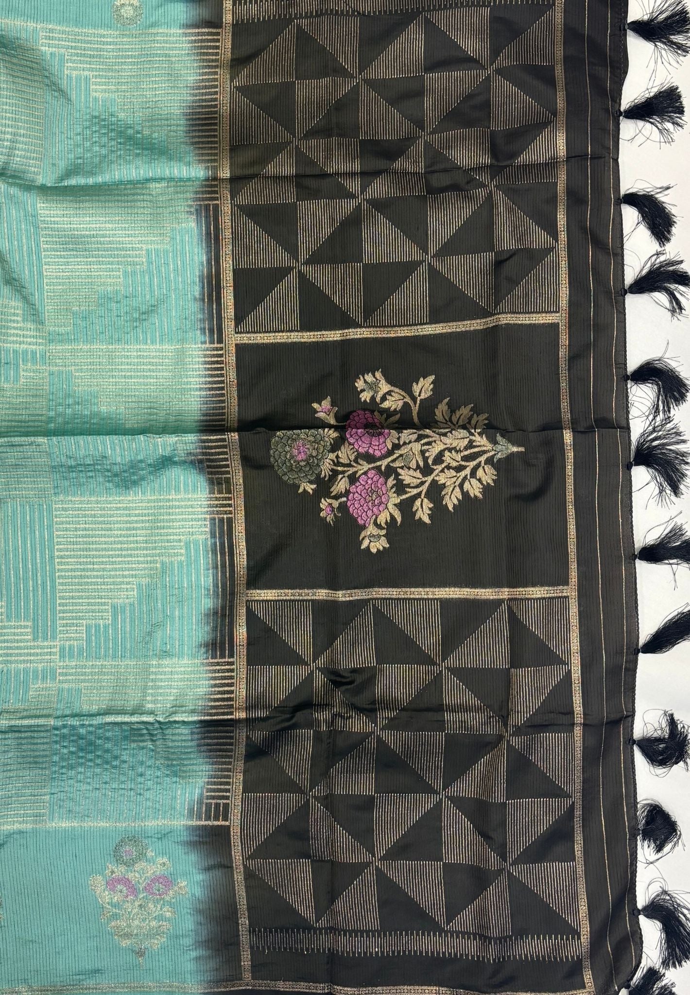 Mulberry Silk Saree-Sea Blue In Diamond Geometric Zari With Contarst Border