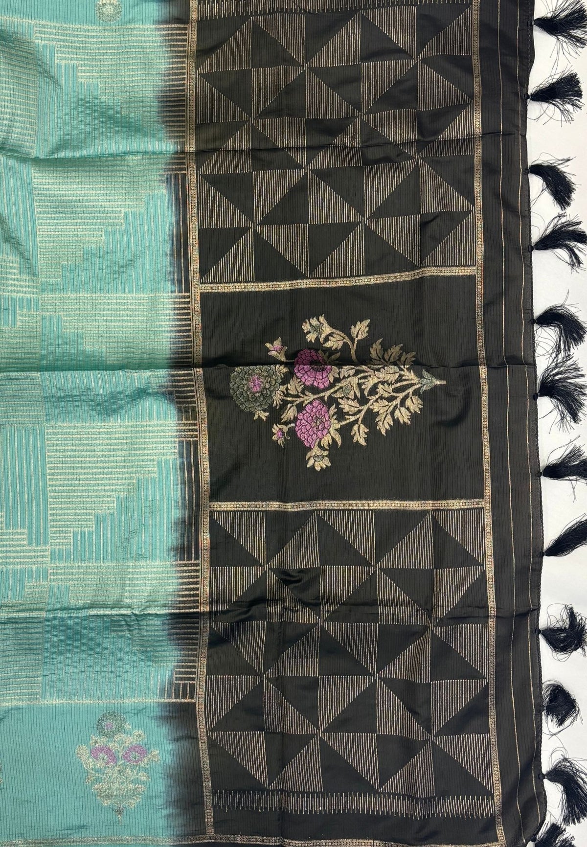 Mulberry Silk Saree-Sea Blue In Diamond Geometric Zari With Contarst Border