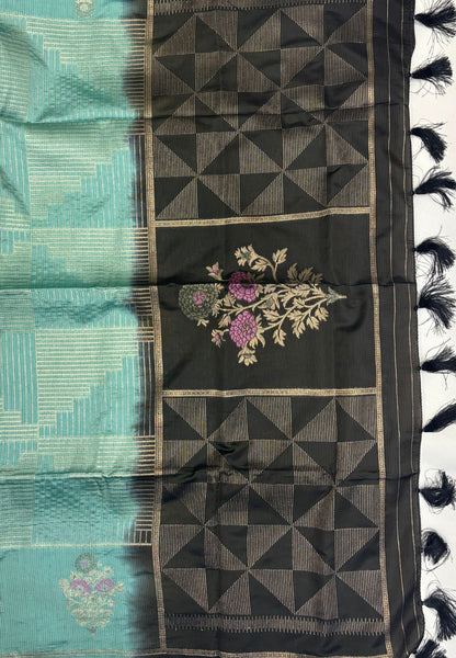 Mulberry Silk Saree-Sea Blue In Diamond Geometric Zari With Contarst Border