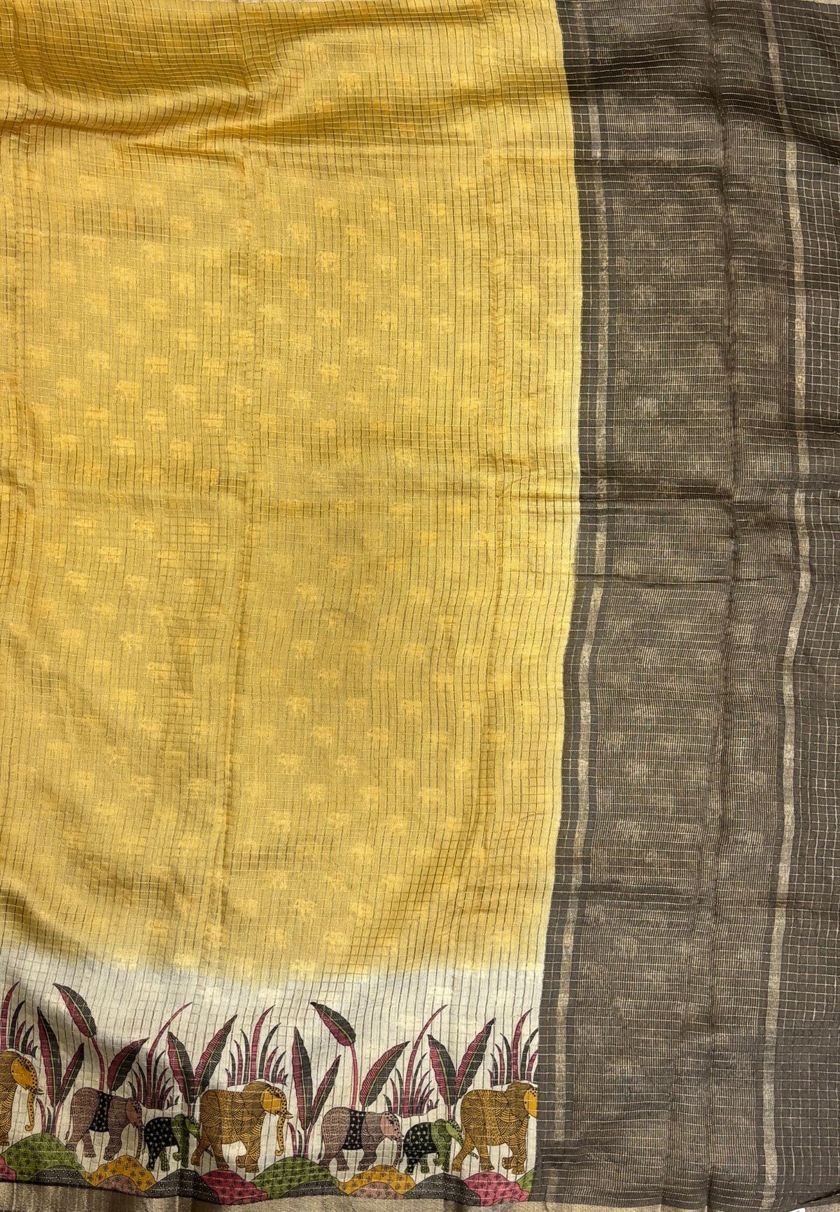 Chanderi Saree-Yellow in Elephant Checks Border