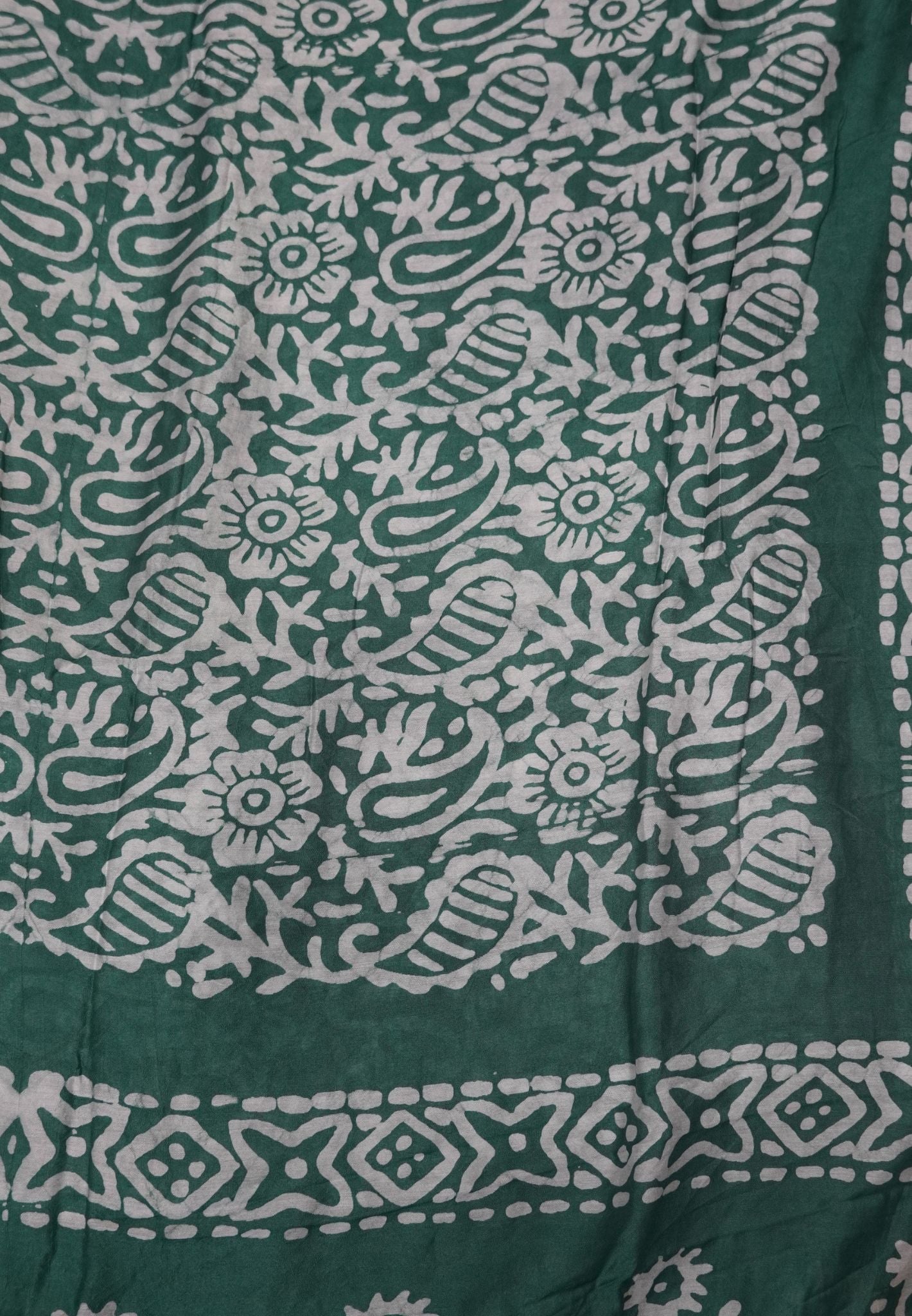 Cotton Saree-Metallic Green with Batik Print