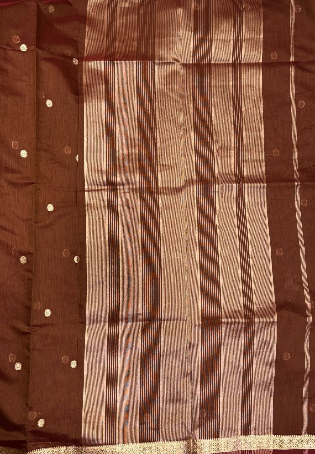 Semi Maheswari Saree-Brown In Multi-Stripe Zari Border