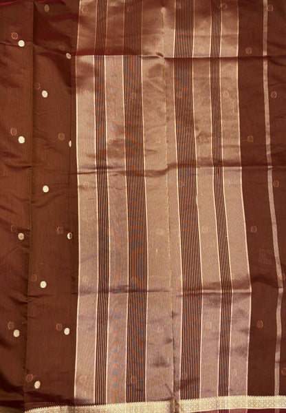 Semi Maheswari Saree-Brown In Multi-Stripe Zari Border