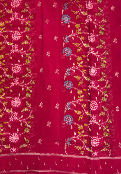 Satin Organza Saree-Rani Pink In Paithani Floral Zari Border