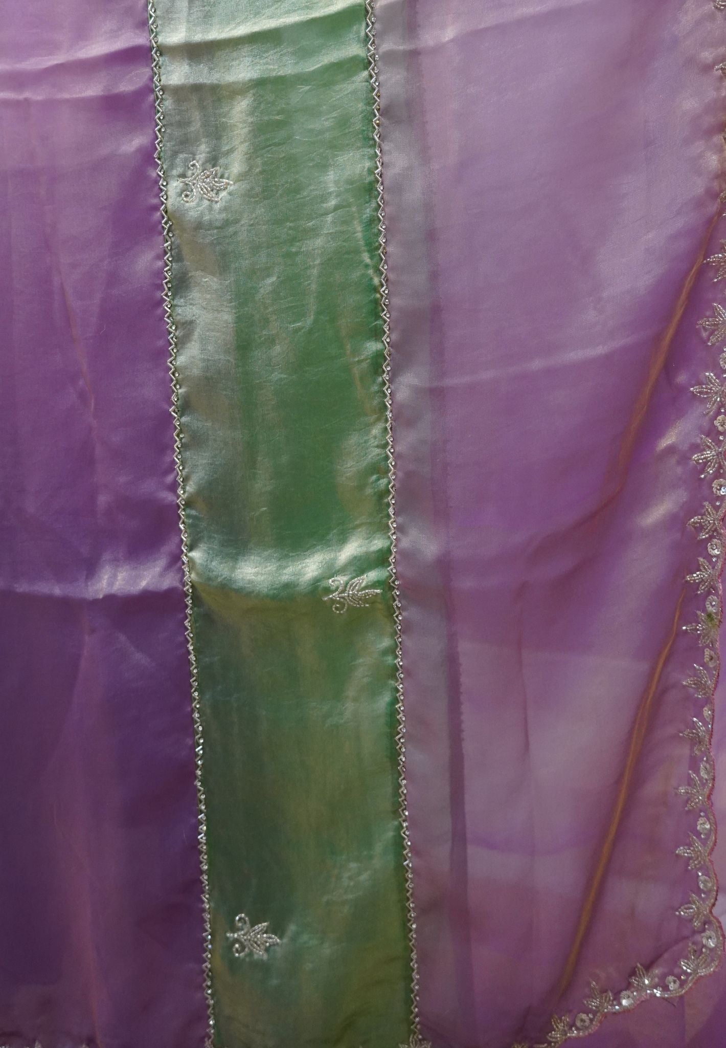 Designer Saree-Green&Purple Duo Tone Encrusted with Scalloped Stone Work
