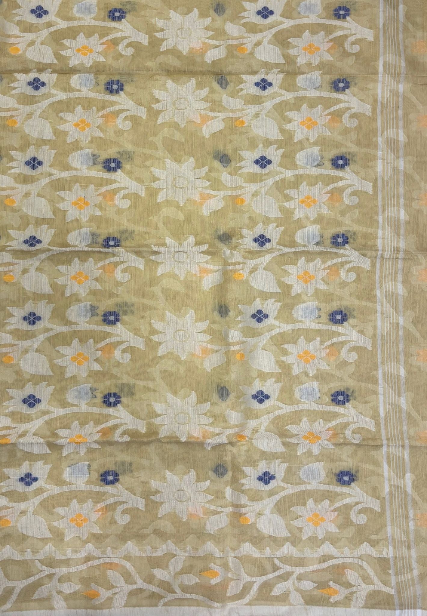 Dhakai Jamdhani Cotton Saree-Baby Yellow In Floral Vine Zari Border