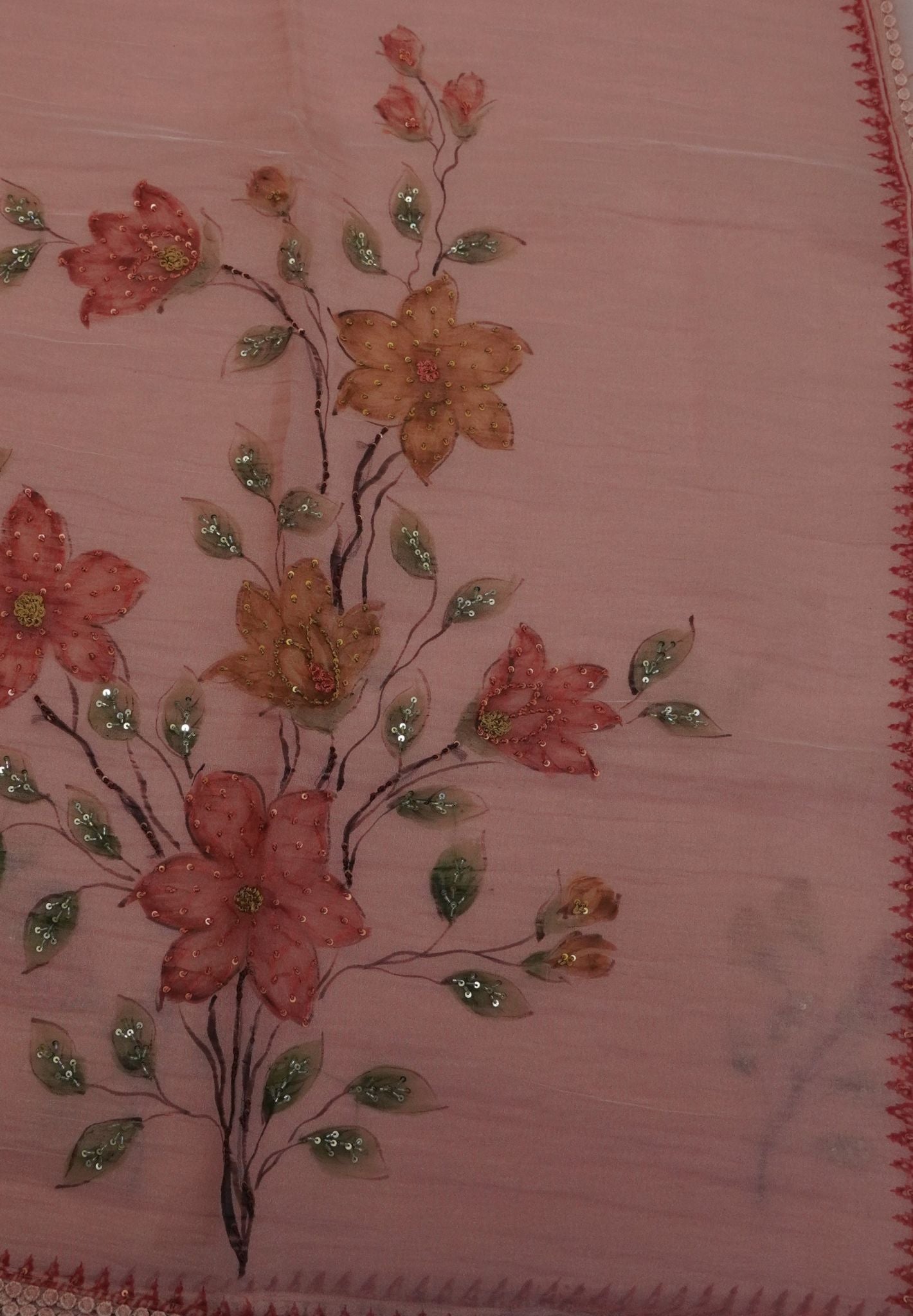 Crush Organza Saree-Pale Orange with French Knot