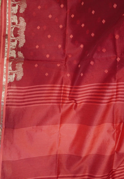 Raw Silk Saree-With Tree and Elephant-Red
