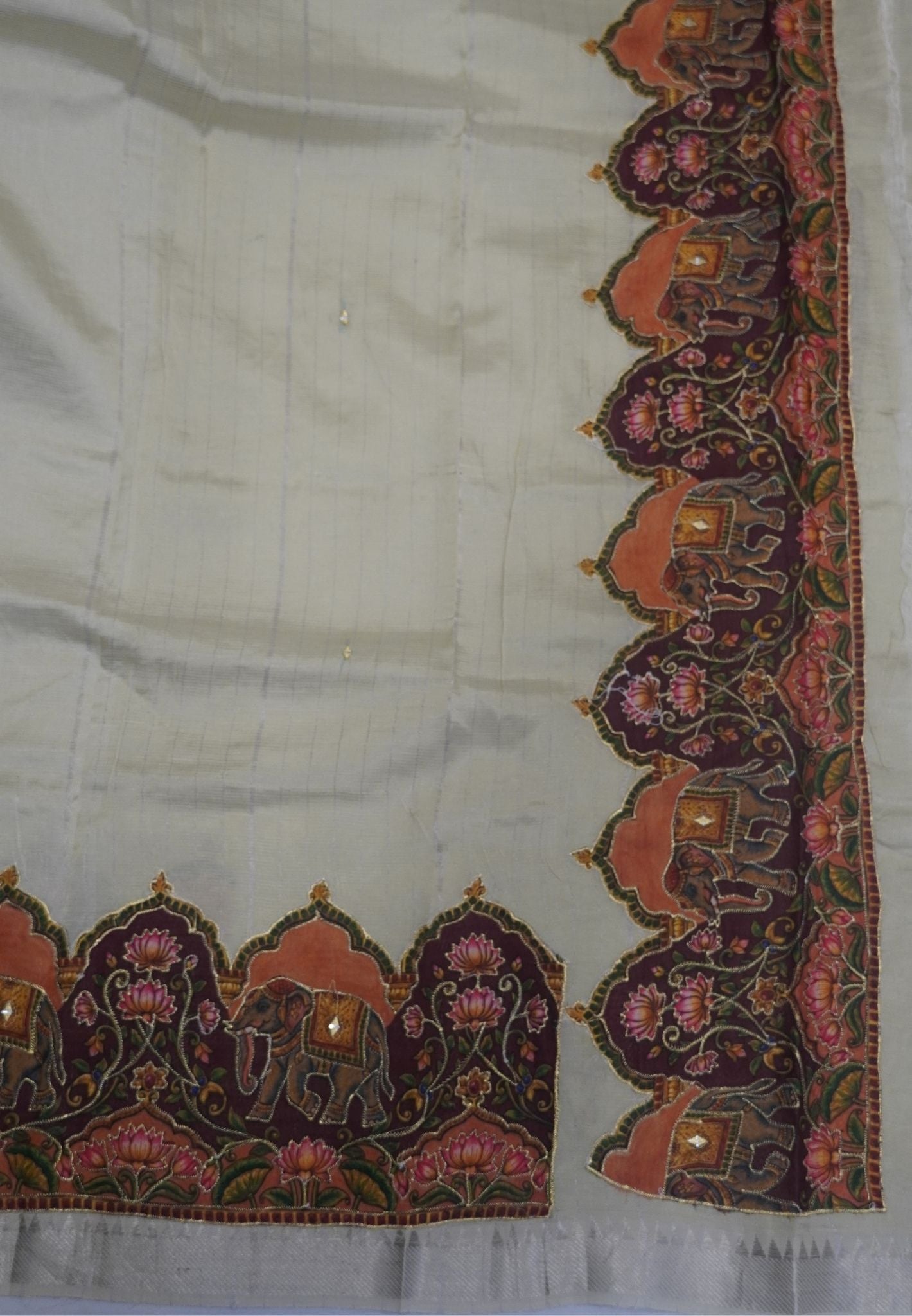 Pure Mangalgiri Silk Saree-Elachi Green in Tanjore Print with Aplique Work