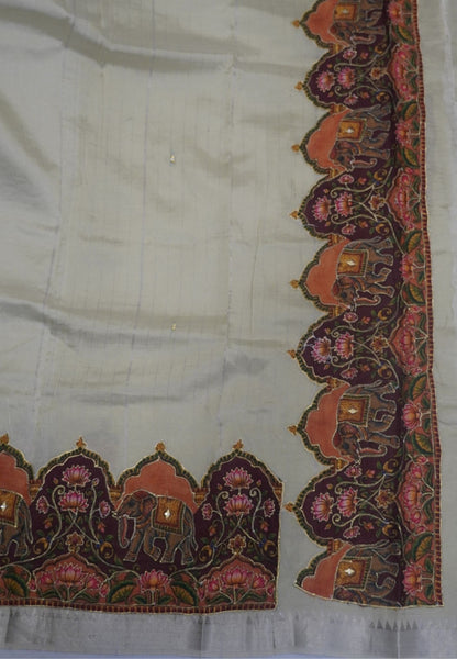 Pure Mangalgiri Silk Saree-Elachi Green in Tanjore Print with Aplique Work