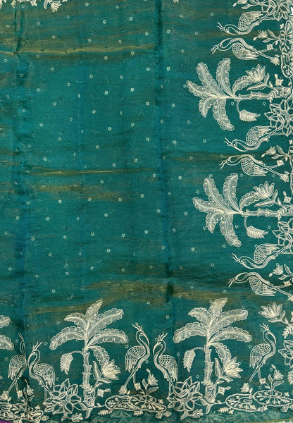 Tissue Organza Saree-Blue In Tropical Garden Border