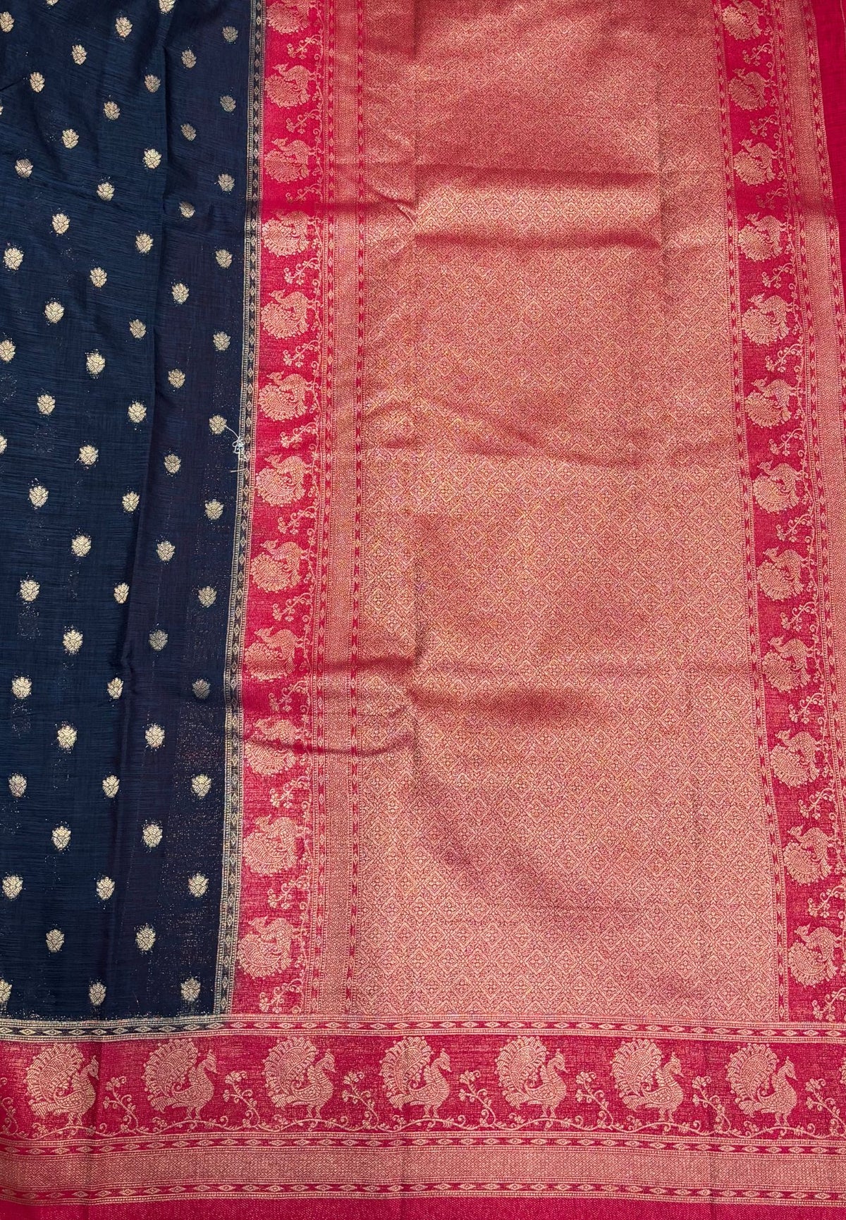 Tussar Linen Saree-Blue in Traditional Peacock Floral Zari with Contrast Border