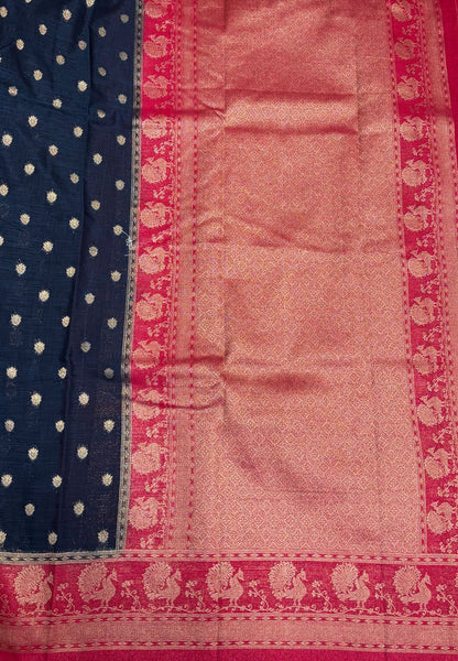 Tussar Linen Saree-Blue in Traditional Peacock Floral Zari with Contrast Border