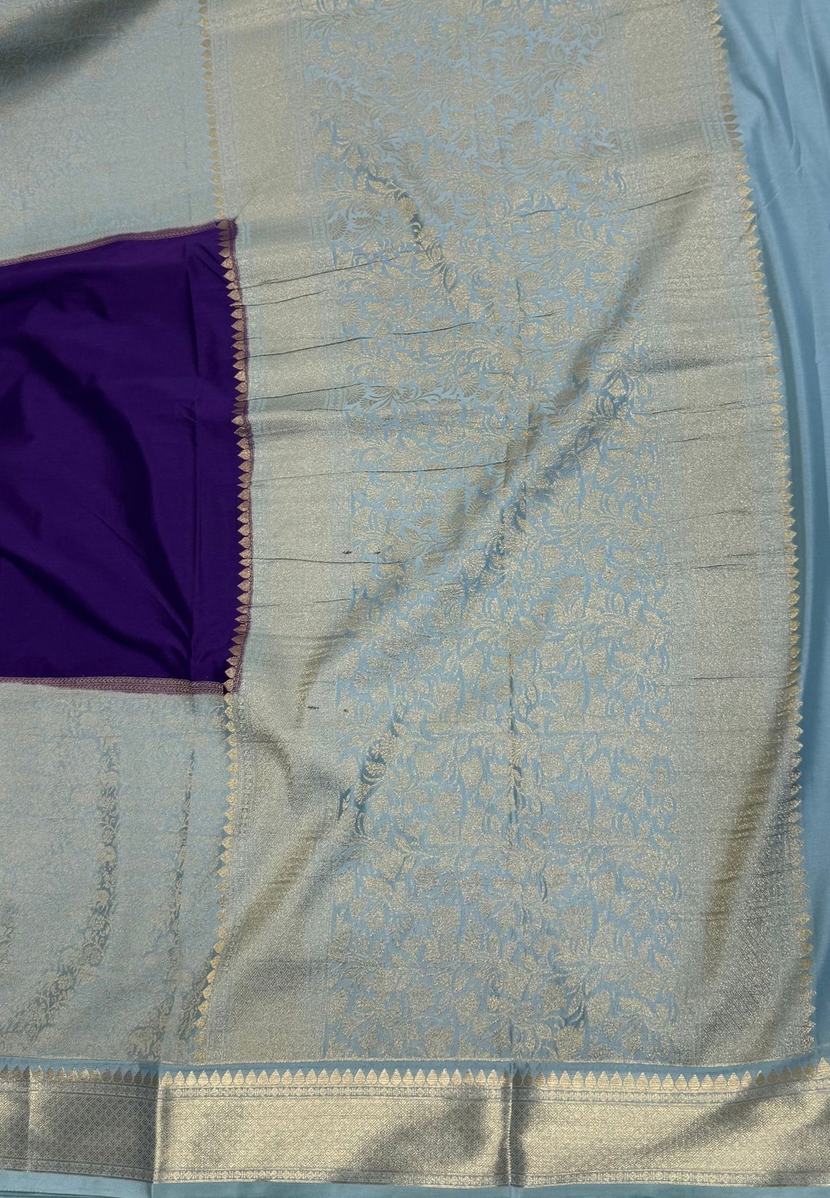 Art Mysore Silk Saree-Violet-Sea Blue In Floral Zari With Contrast Border