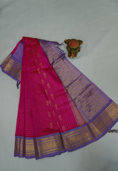 Pure Silk Cotton Saree-Mitai Pink in Golden Zari Checks with Contrast Border