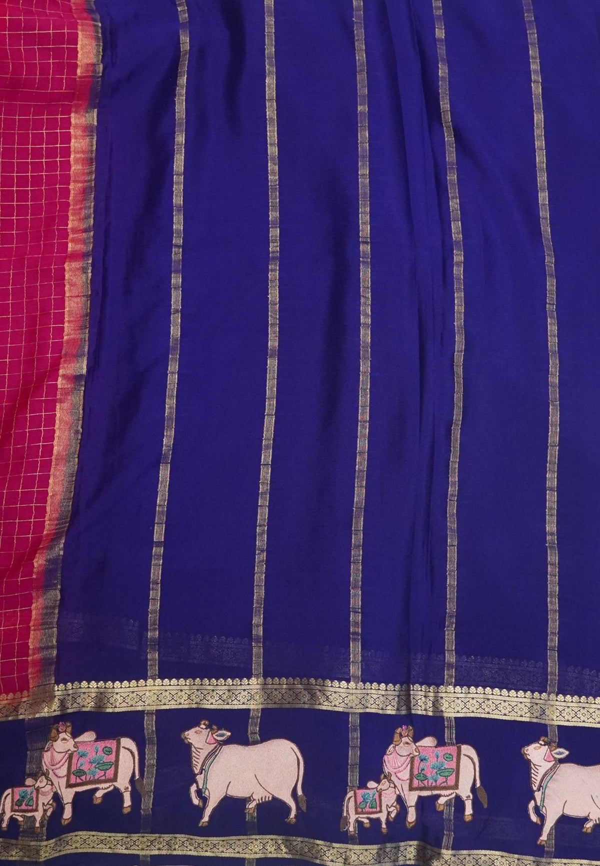 Pure Mysore Silk Saree-Rani Pink In Pichwai Embroidery With Contrast Border