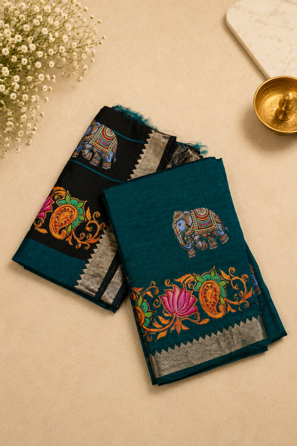 Pure Mangalgiri Silk 2Pc Salwar Material-Peacock Green with Tanjore Print