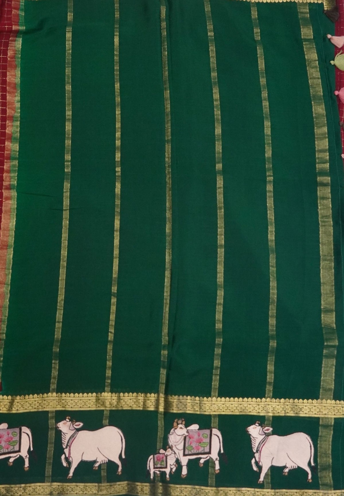Pure Mysore Silk Saree-Arakku In Pichwai Embroidery With Contrast Border