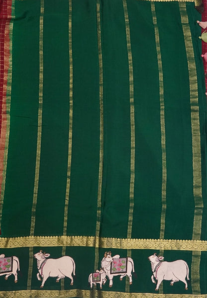 Pure Mysore Silk Saree-Arakku In Pichwai Embroidery With Contrast Border
