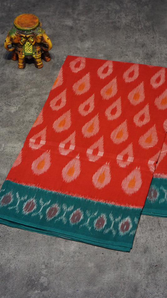 Pochampally Cotton double Ikkat Saree Red - Teal Green