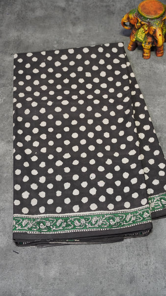 Mul Mul Cotton Saree Black Small Dots