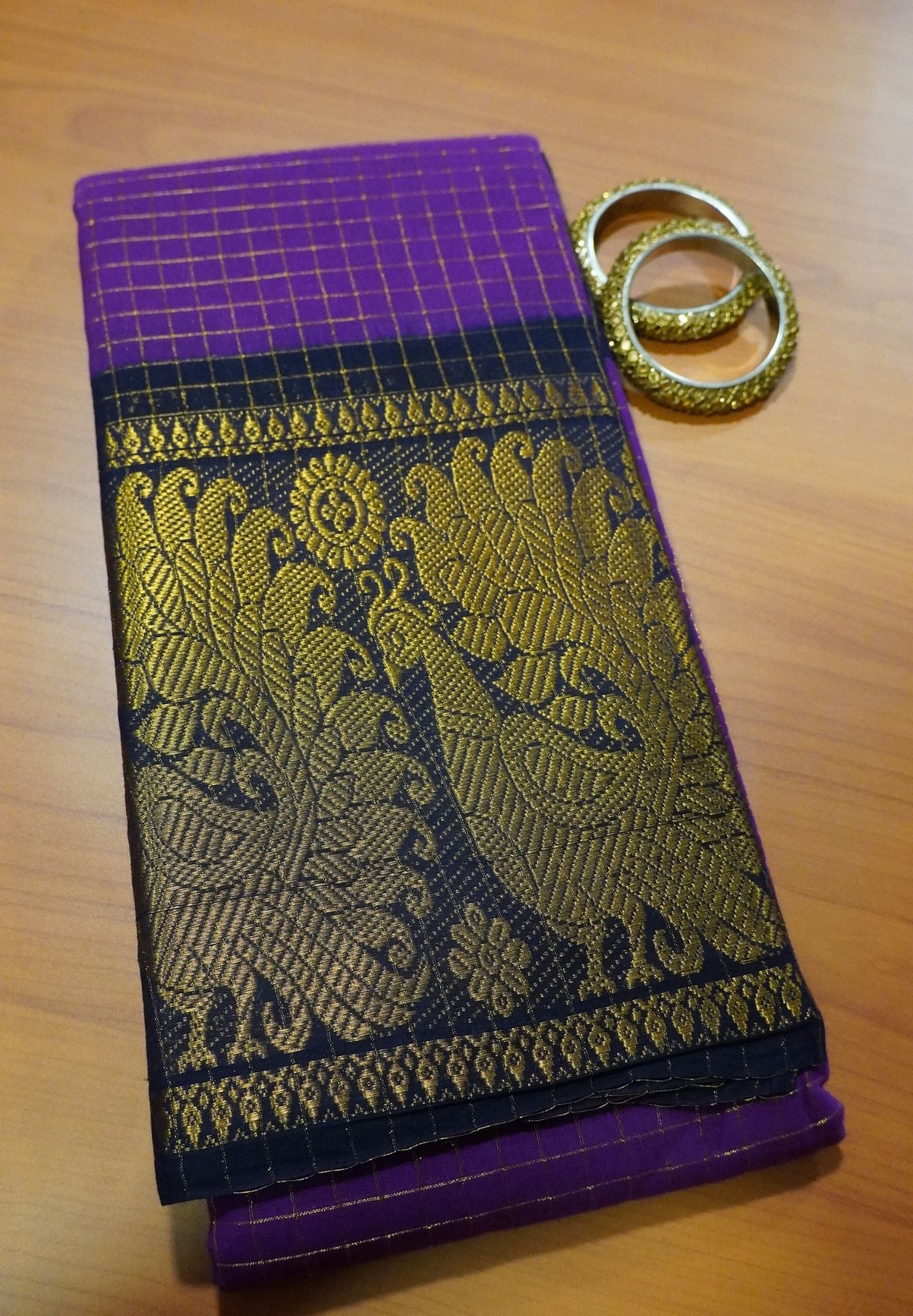 Sungudi Cotton- Checks Big Border Purple