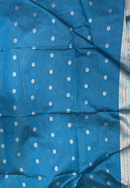 Semi Raw Silk Saree-Peacock Blue In Tower Zari Border