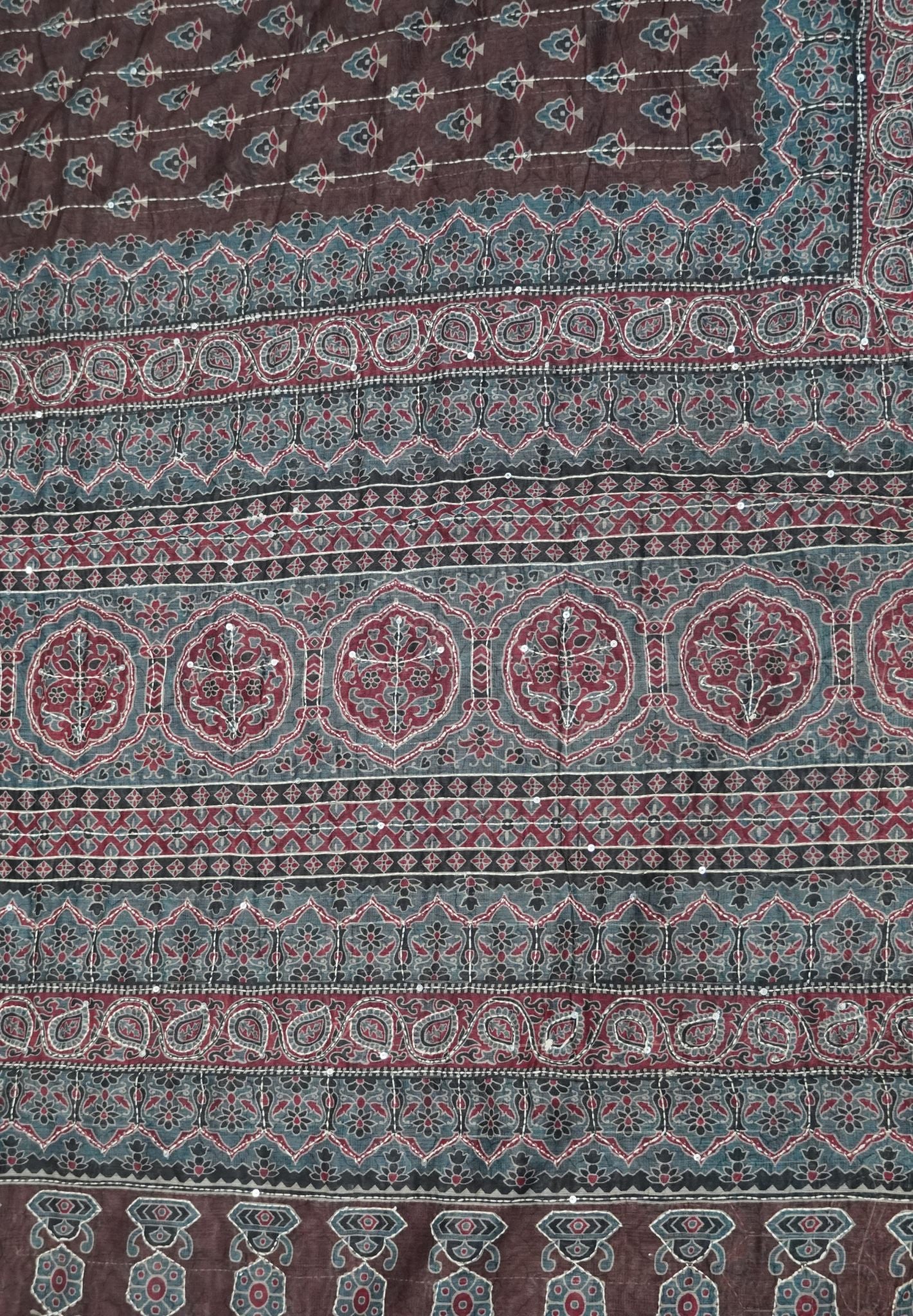 Semi Chanderi Saree- Brown with Kantha Work
