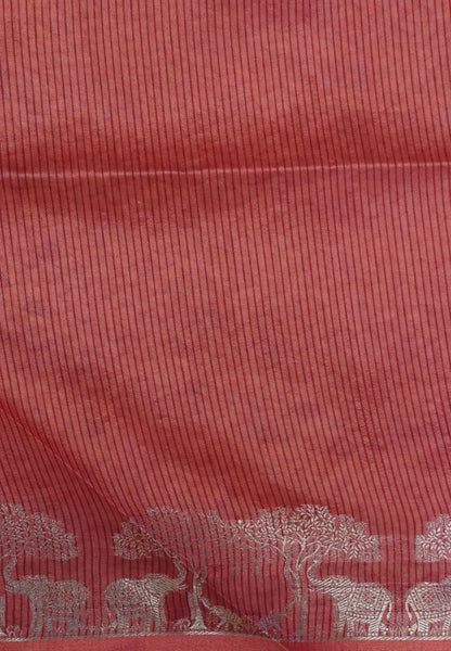 Raw Silk Saree-With Tree and Elephant-Red