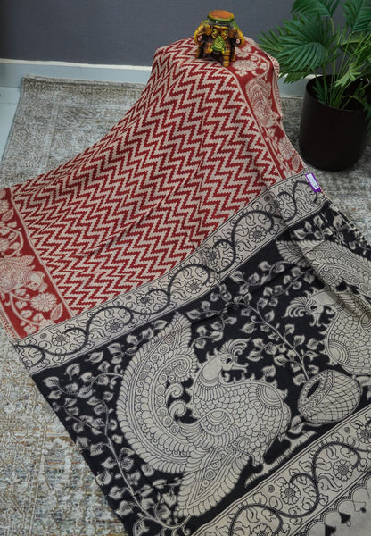 Kalamkari Cotton Saree – Red & Ivory Heritage Print
