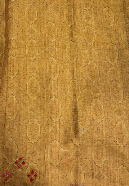 Tissue Linen Saree-Mustard in Phulkari Embroidery Border