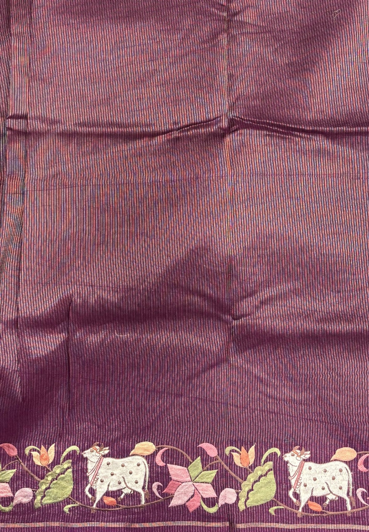Tussar Saree-Wine with Zari Stripes in Pichwai Embroidery Border