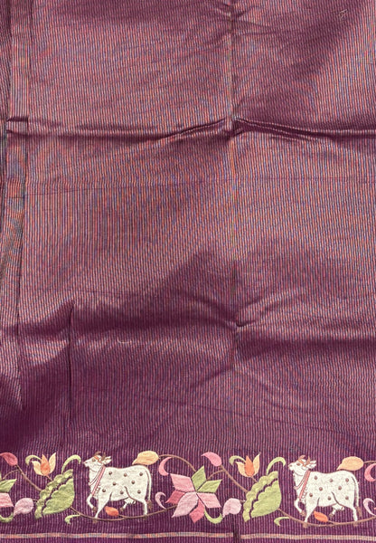 Tussar Saree-Wine with Zari Stripes in Pichwai Embroidery Border