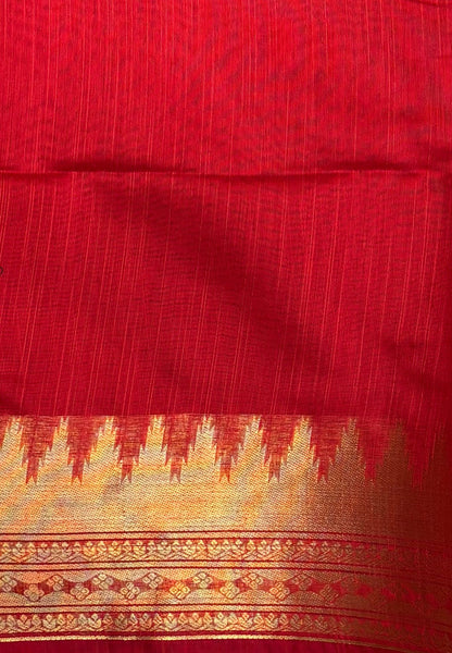 Handloom Silk Cotton Saree-Red in Temple Tower Zari Border