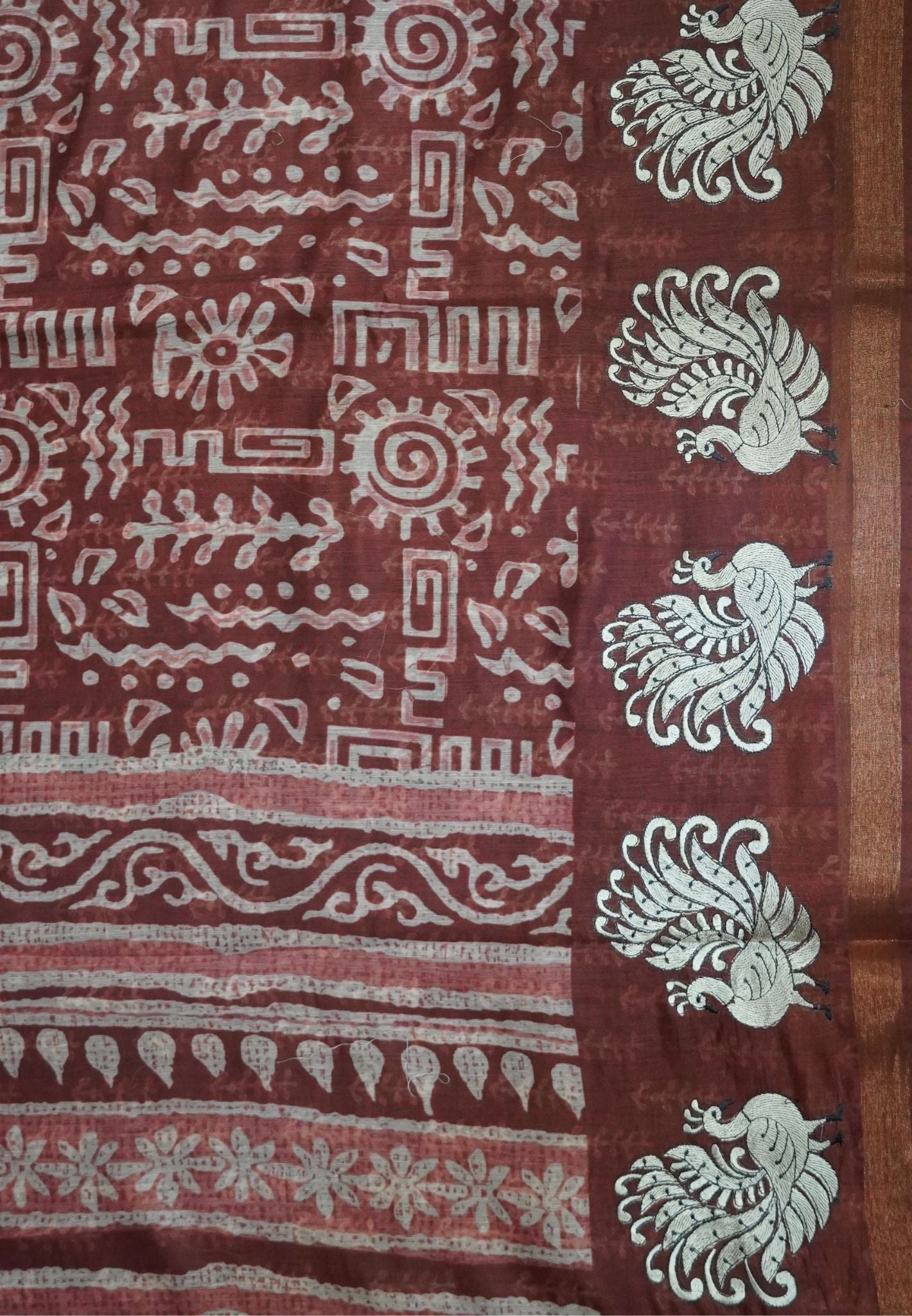 Semi Chanderi Saree-Honey with Peacock Embroidery
