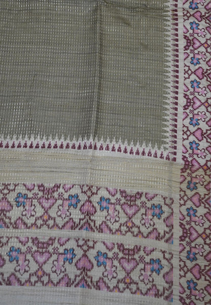 Semi Tussar Saree -Elachi Green with Ikkat Border