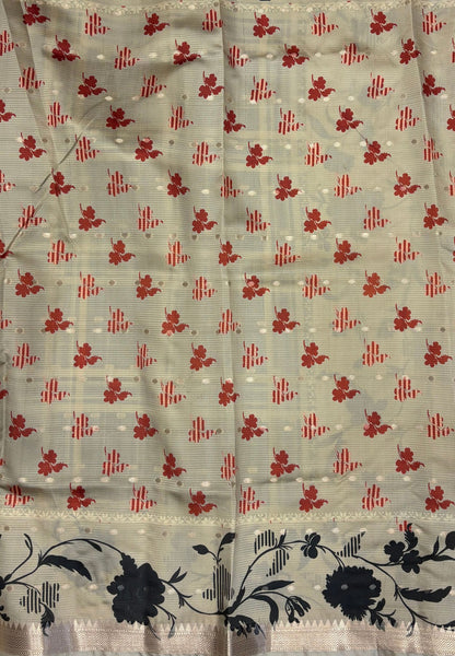 Soft Tussar Saree-Sage Green In Hibiscus Floral Border
