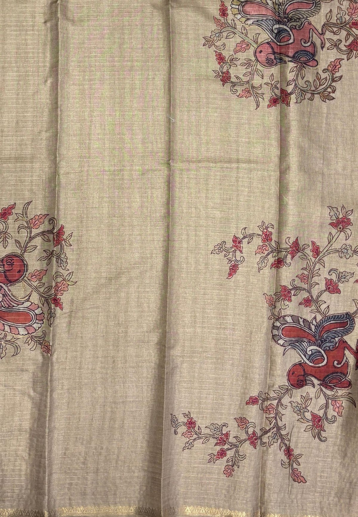 Soft Tussar Saree-Wine In Kalamkari Peacock Border