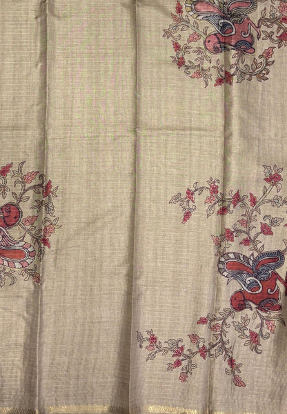 Soft Tussar Saree-Wine In Kalamkari Peacock Border