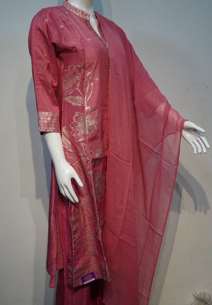 3 Pcs Rose Pink Kurti Set