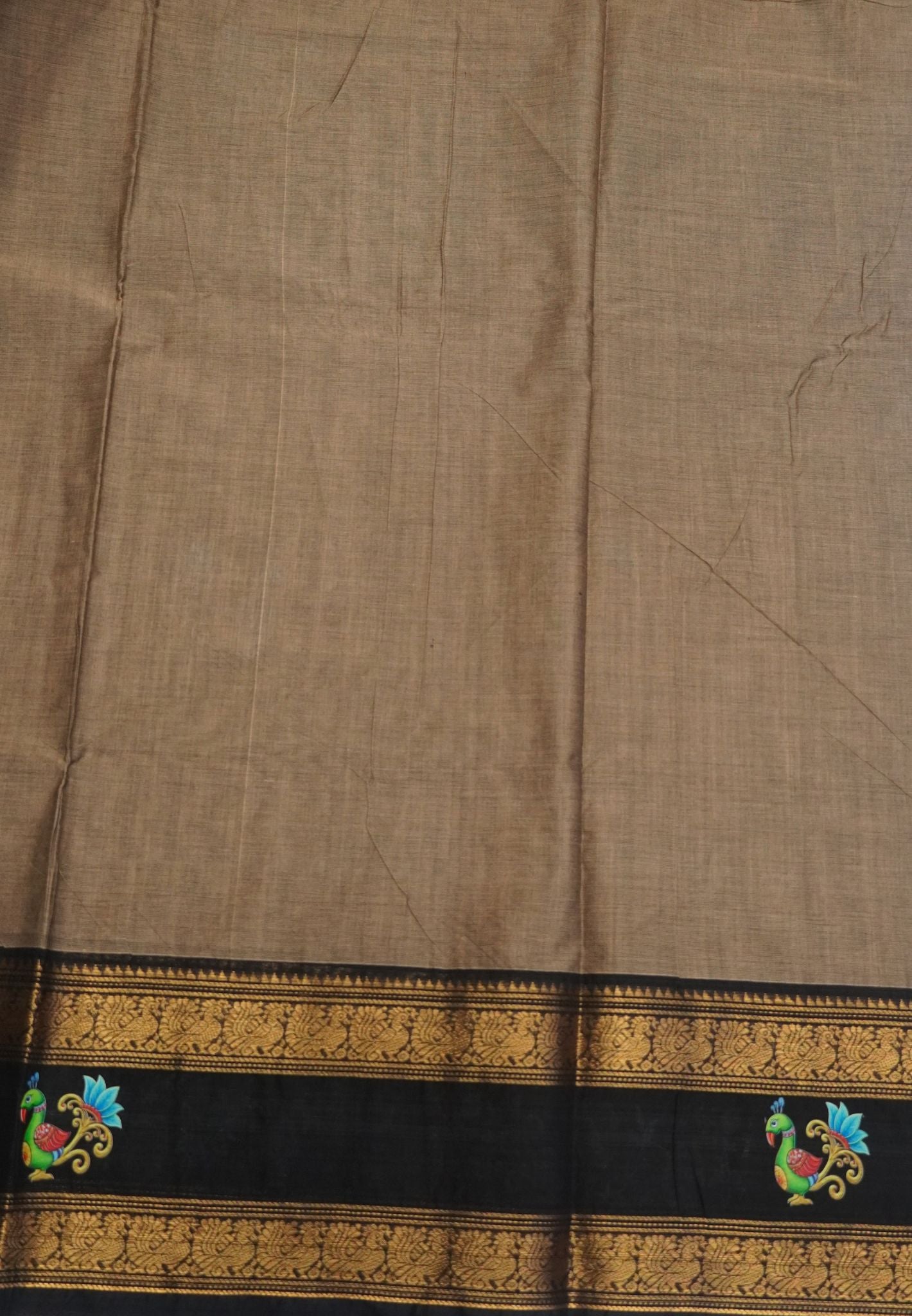 Chettinad Cotton Saree- Beige with Mayil Tanjore Print