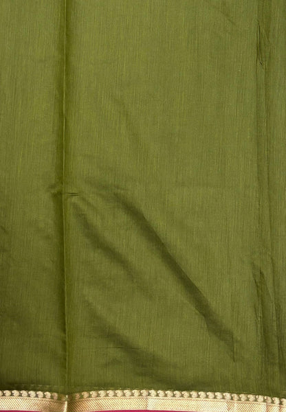 Semi Maheswari Saree-Olive Green In Golden Stripe Border