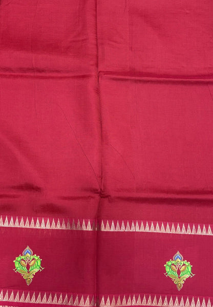 Pure Mangalgiri Silk Saree-Maroon Temple with Tanjore Print