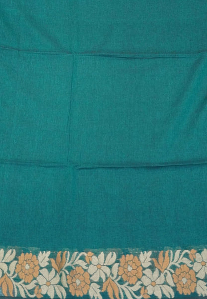 Handloom Cotton Saree-Peacock Green Marigold Floral Jamdhani Border