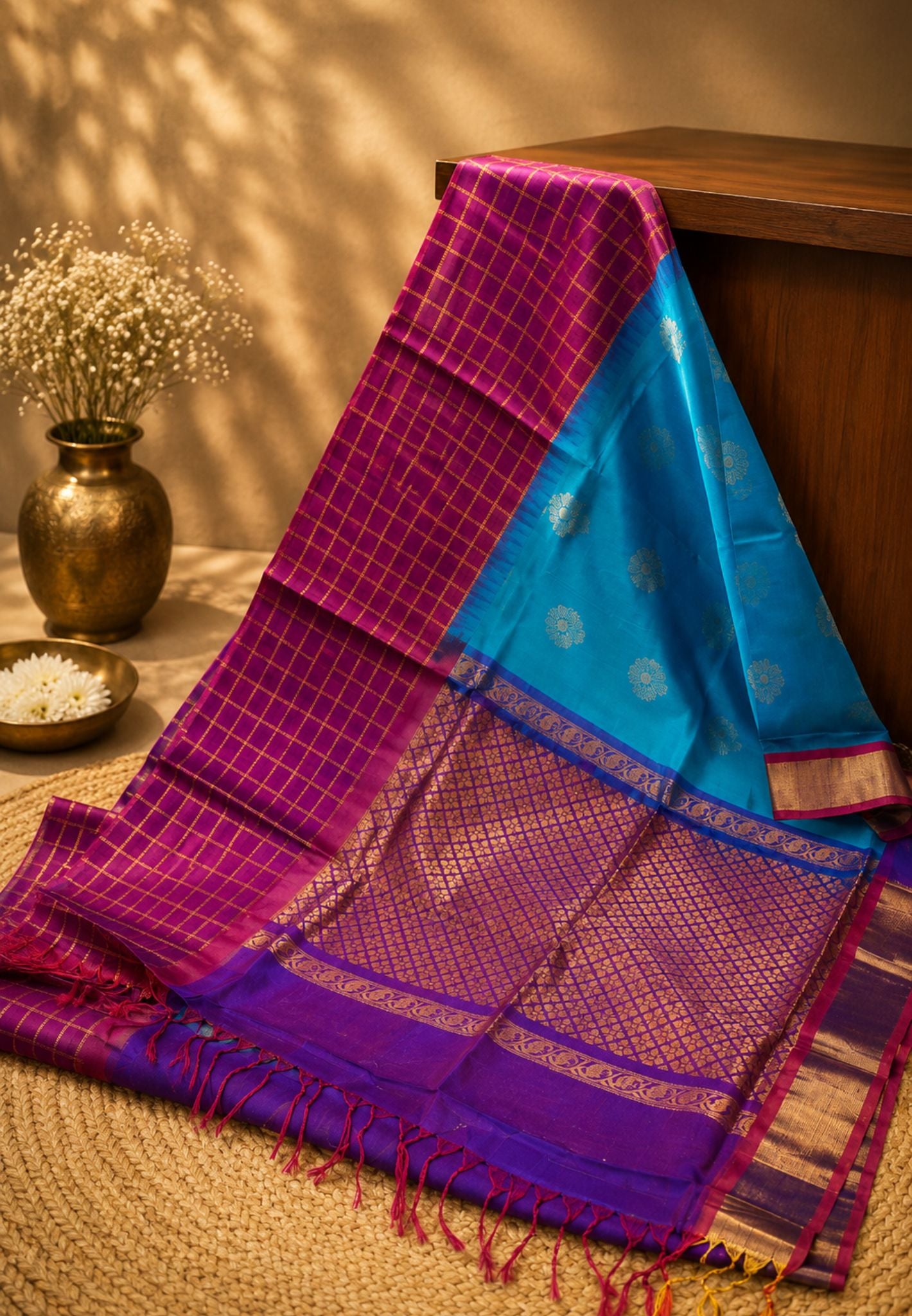 Silk Cotton Saree-Ramar Blue with pink Checkered Border