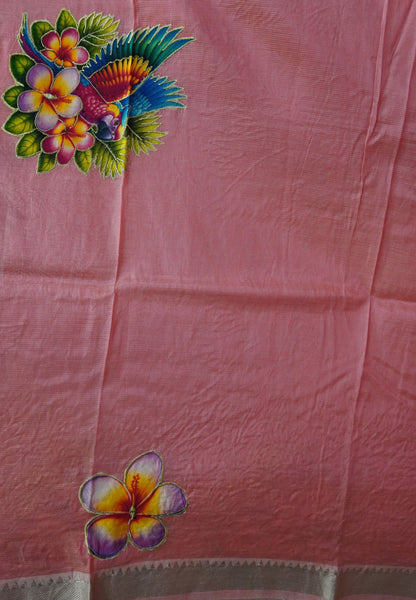 Pure Mangalgiri Silk Saree-Peach Pink with Appliqué Work