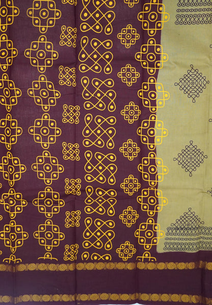 Sungudi Cotton Saree-Cream with Contrast Retapet Border in Kolam Pattern