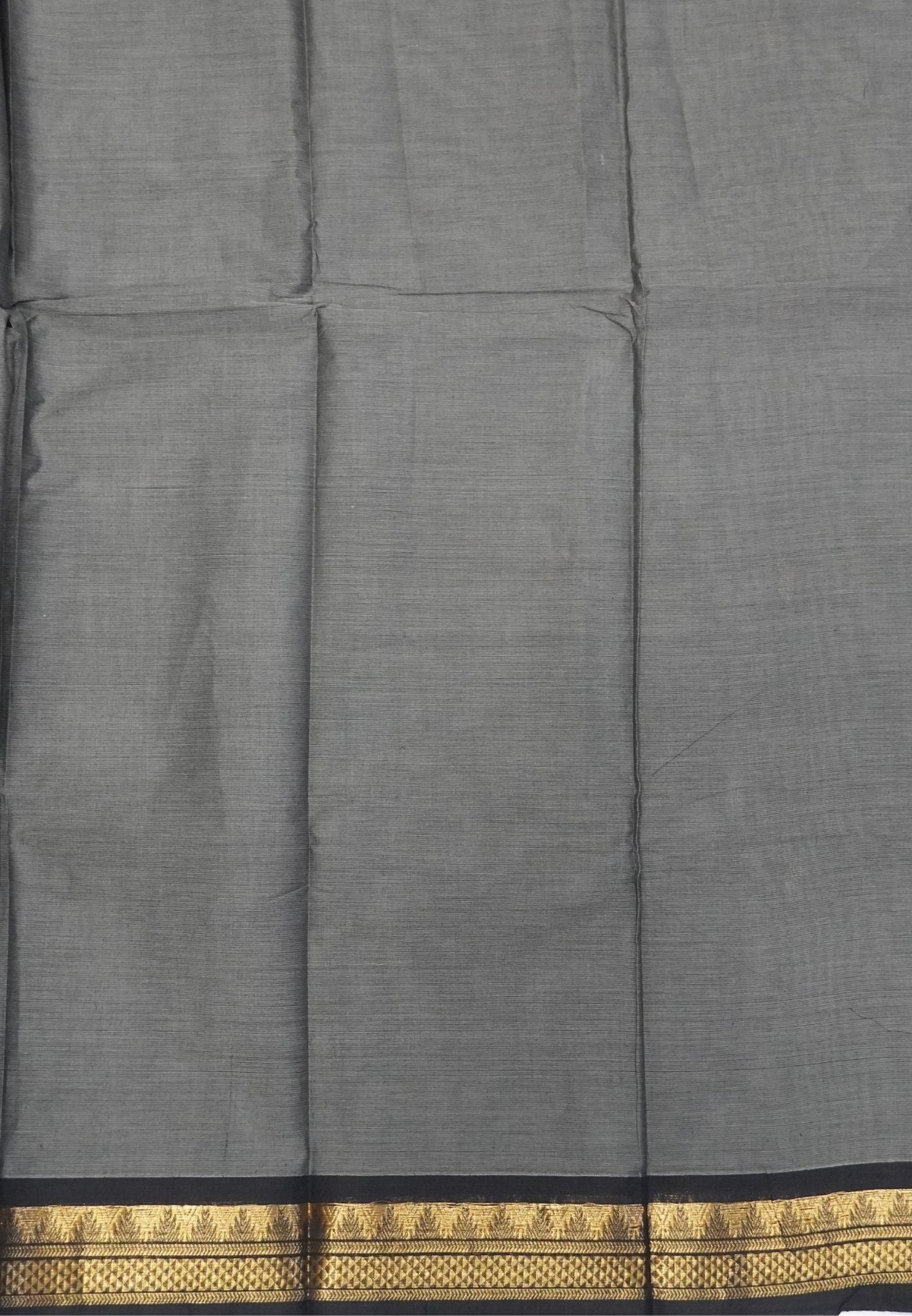 Chettinadu Cotton Saree-Elephant Grey with Contrast Black Zari Border & Gold Mango Buttas