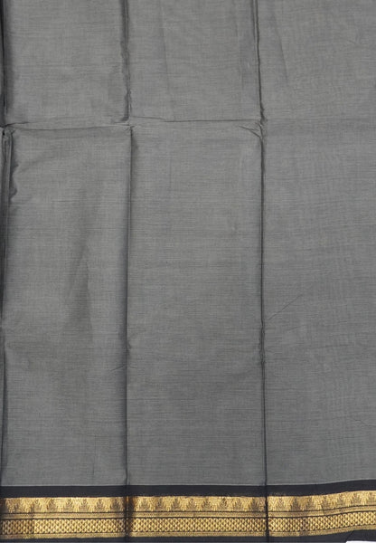 Chettinadu Cotton Saree-Elephant Grey with Contrast Black Zari Border & Gold Mango Buttas